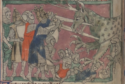 Армия Александра Македонского сражается с одонтотираном. Рисунок из "Roman de toute chevalerie" Томаса де Кента (около 1310)