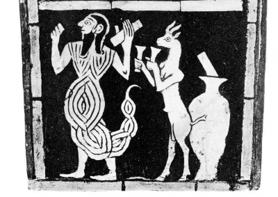 Человек-скорпион и коза с фронтального украшения Большой арфы, найденной при раскопках в гробнице Пуаби