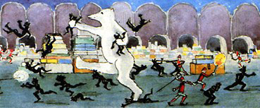 Сцена битвы с гоблинами в подвале Деда Мороза