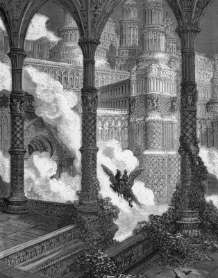 Астольфо прибывает в великолепный дворец, расположенный на высокой горе. Иллюстрация Гюстава Доре к поэме "Неистовый Роланд"