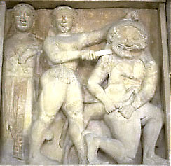 "Афина и Персей, убивающий Горгону". Метопа из храма в Селинунте (Сицилия), 2-я половина VI века до н.э.