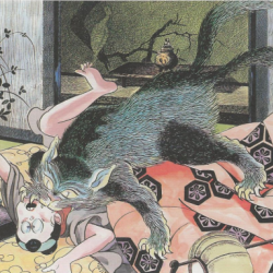 Нэкомата нападает на человека. Автор рисунка Сигэру Мидзуки