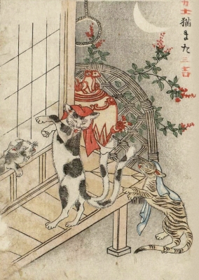 Нэкомата учит кошку. Цветная копия Набэты Гёкуэя с рисунка Ториямы Сэкиэна