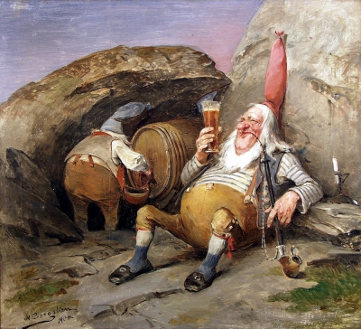 Ниссе дегустируют пиво (Nisse smaker på brygg). Картина Нильса Бергслина