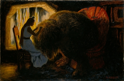 Принцесса вычесывает вшей из шерсти тролля (Der sad Prindsessen og lyskede Troldet). Картина Теодора Киттельсена, 1900