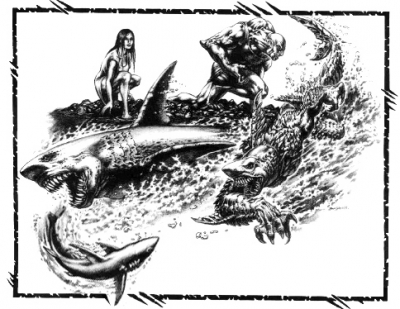 Рокеи, оборотни-акулы. Иллюстрация из руководства к ролевой игре «Werewolf: the Apocalypse»