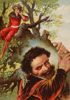 Храбрый портняжка и великан несут дуб. Иллюстрация Карла Оффтердингера к сказке братьев Гримм