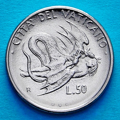 Монета Ватикана номиналом 50 лир (1995). Змей-амфиптерий как метафора аборта